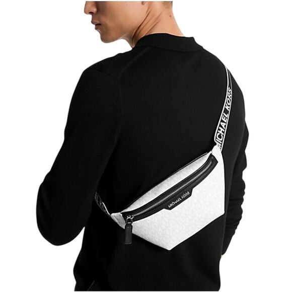 MICHAEL KORS Cooper Mini Logo Belt Bag Signature Print Unisex White Black NWT - Picture 1 of 9